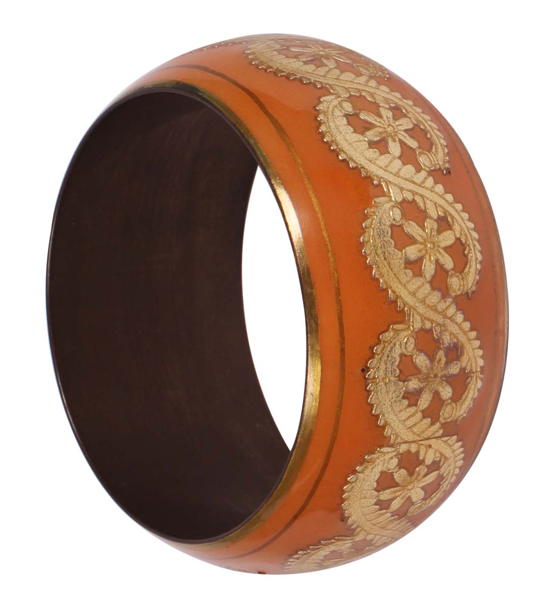 Round Broad Bangle - Traditional Motifs - Orange & Golden Exteriors - Dull Golden Finish Interiors - Handmade in Brass & Iron - Fashion Accessories - Unique Metal Jewelry - Buy in Bulk Wholesale